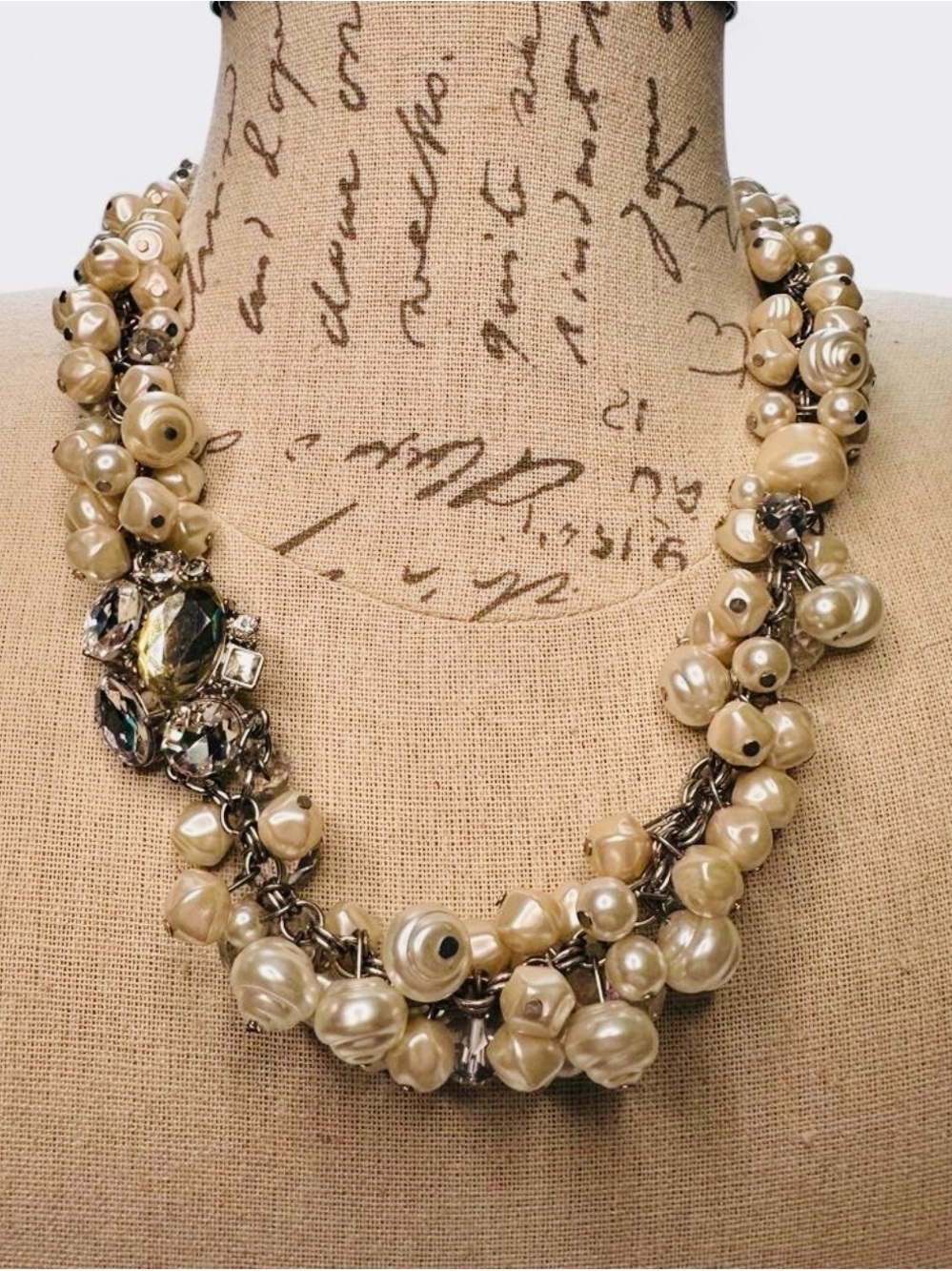 Vintage Champagne Pearl Cluster Necklace Crystal Accent Gamorous Statement